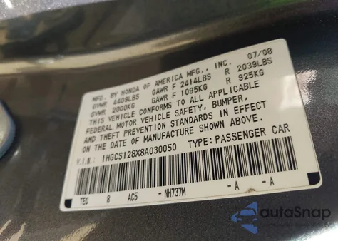 2008 Honda Accord 2.4 Ex-L из США, поврежденный, VIN 1HGCS128X8A030050